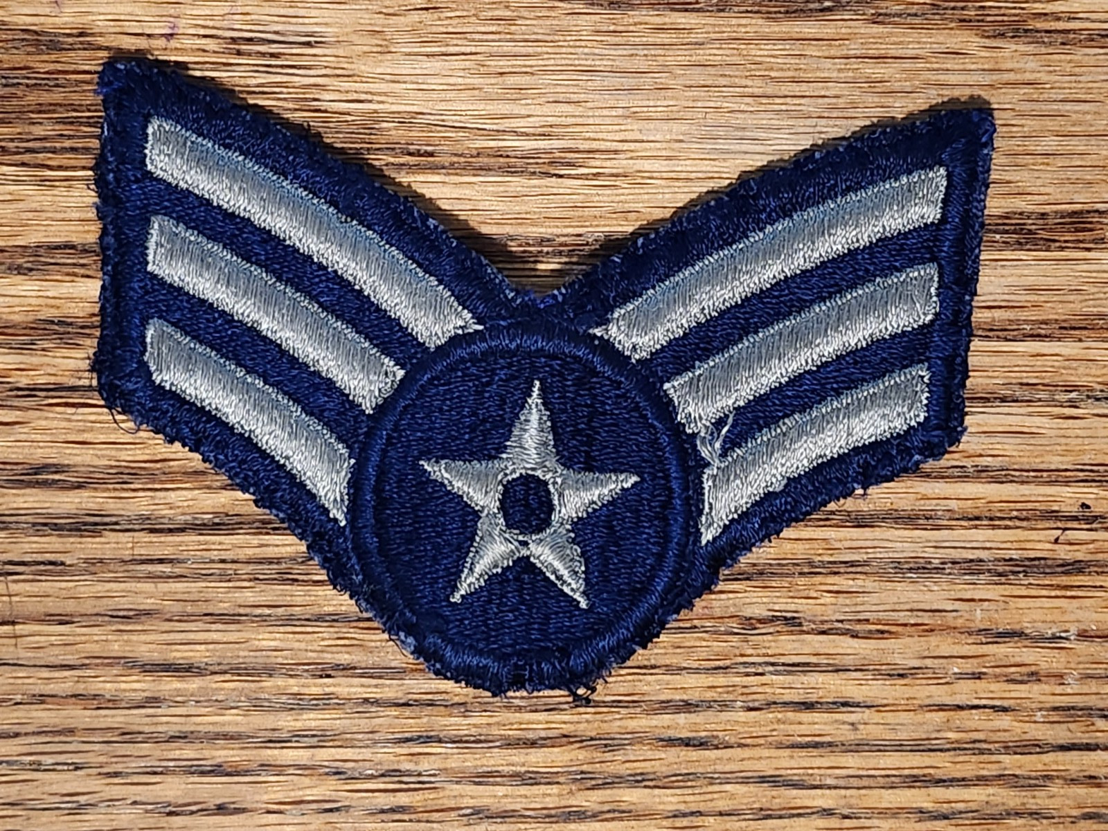 WWII US Air Force Senior Airman Chevron Blue/Silver 3 Stripes 1 Star Patch