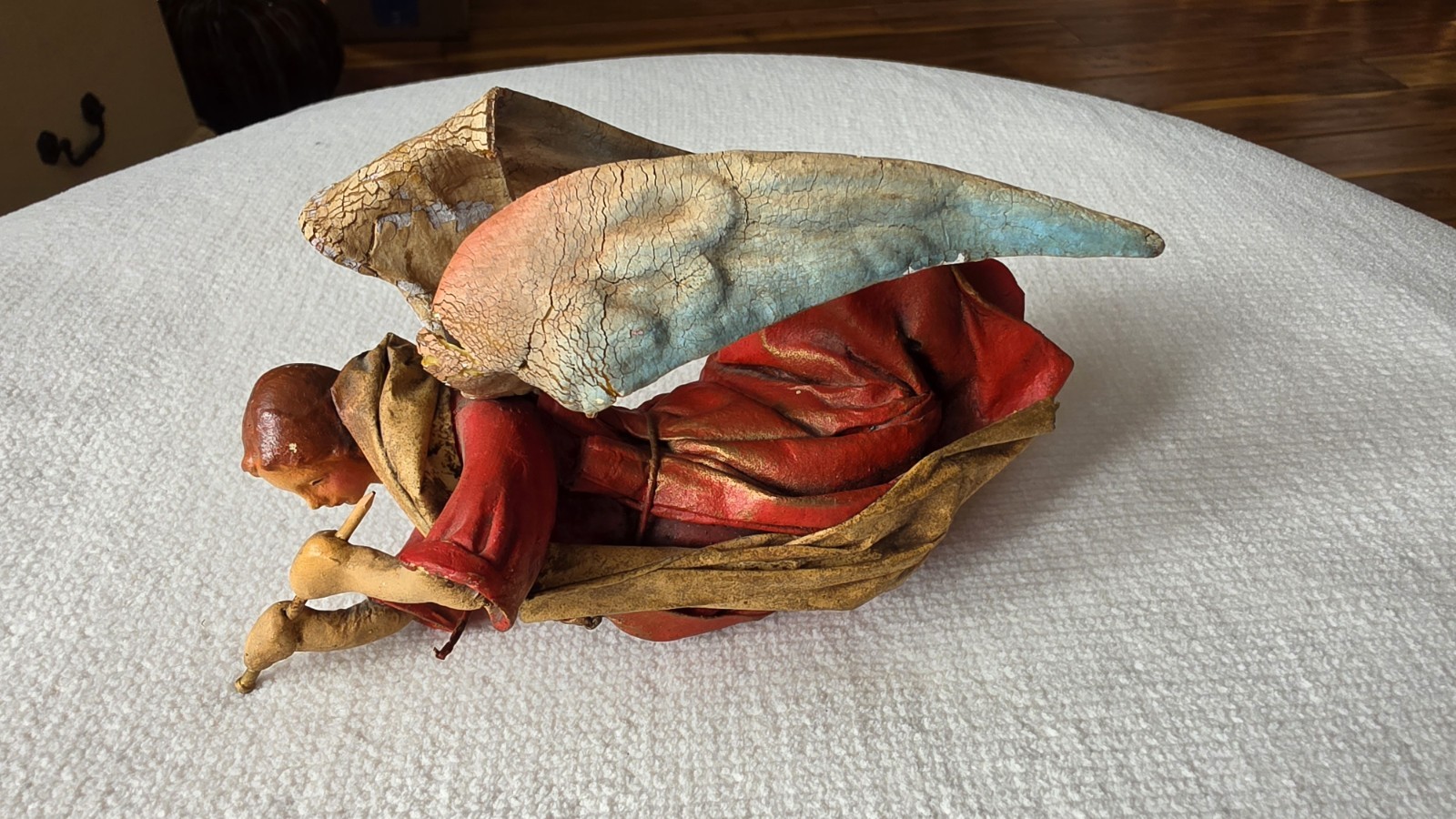 Vintage Italian Cartapesta( Papier Mache) Flying Angel Ornament Playing Flute