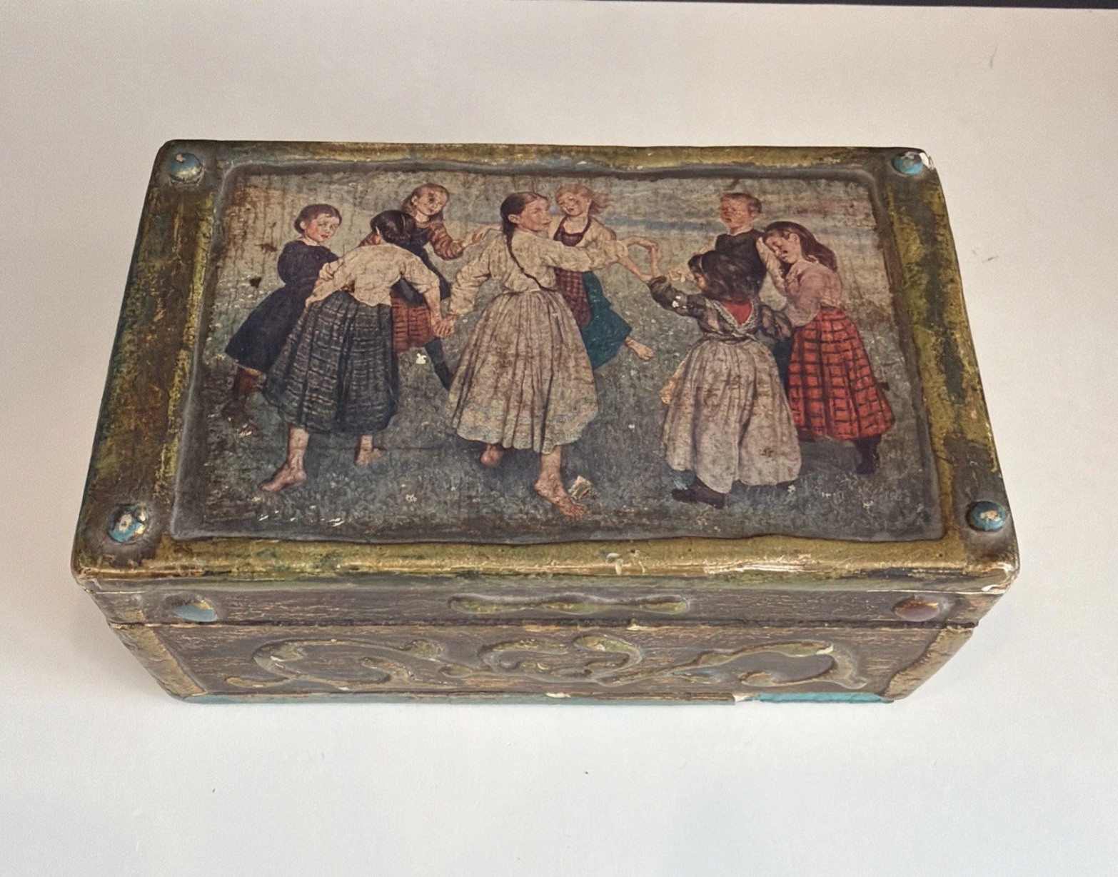 Antique Lacquered Wood Trinket Box Hans Thoma Children Dancing Florentine