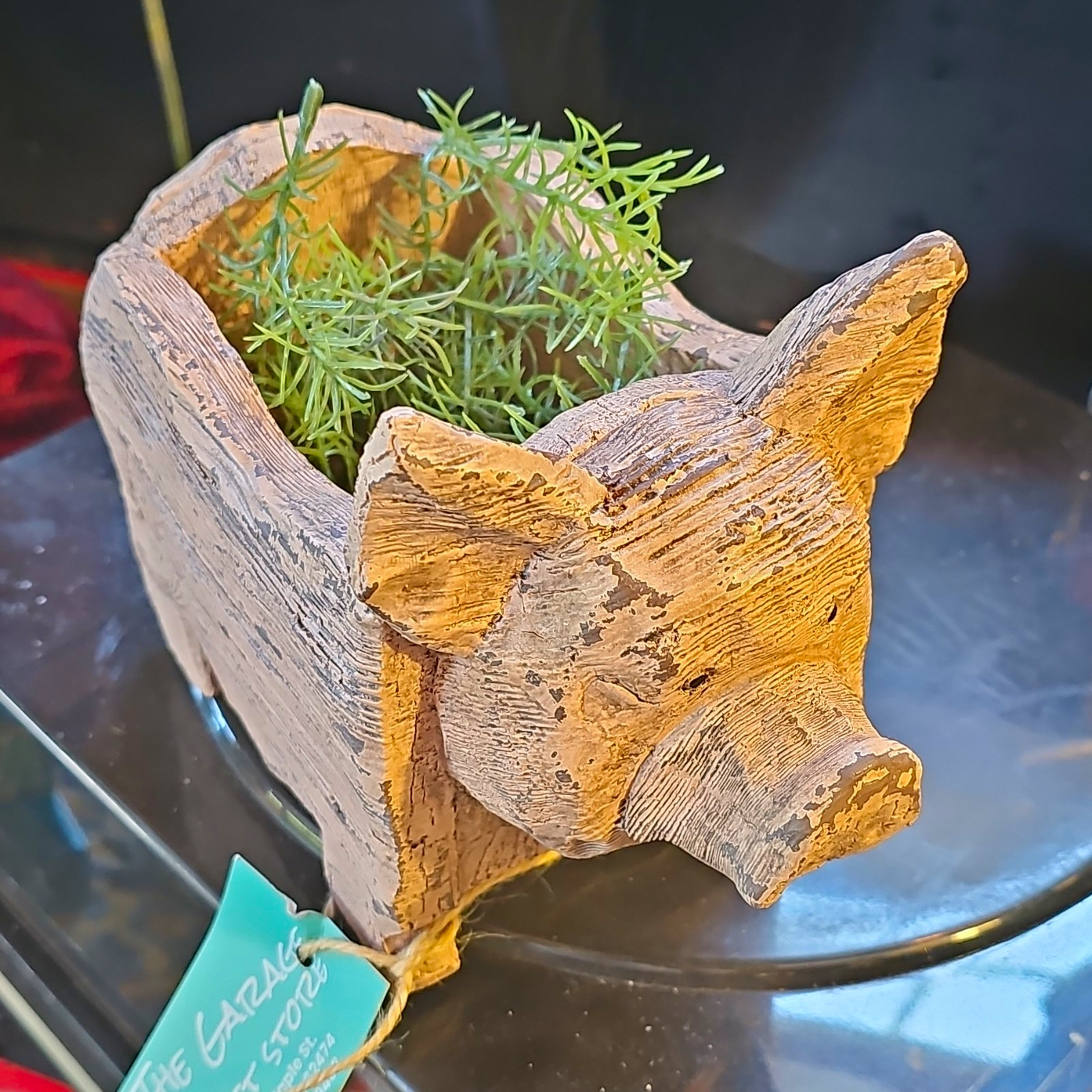 Pig Planter Rustic Gray Painted Wood, Small 12x6x8 Indoor Animal Planter