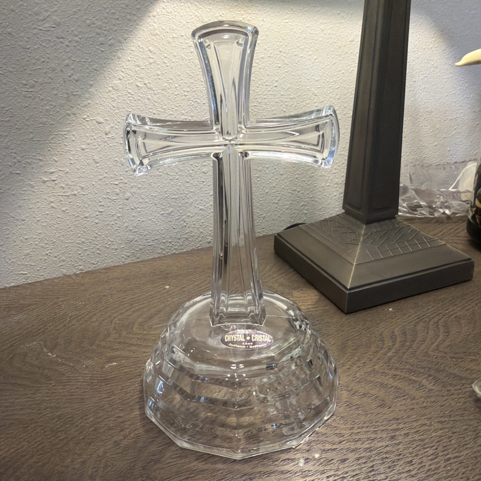 Vintage Deplomb Lead Crystal  Clear Table Top Christian Cross Made In USA 7 inch
