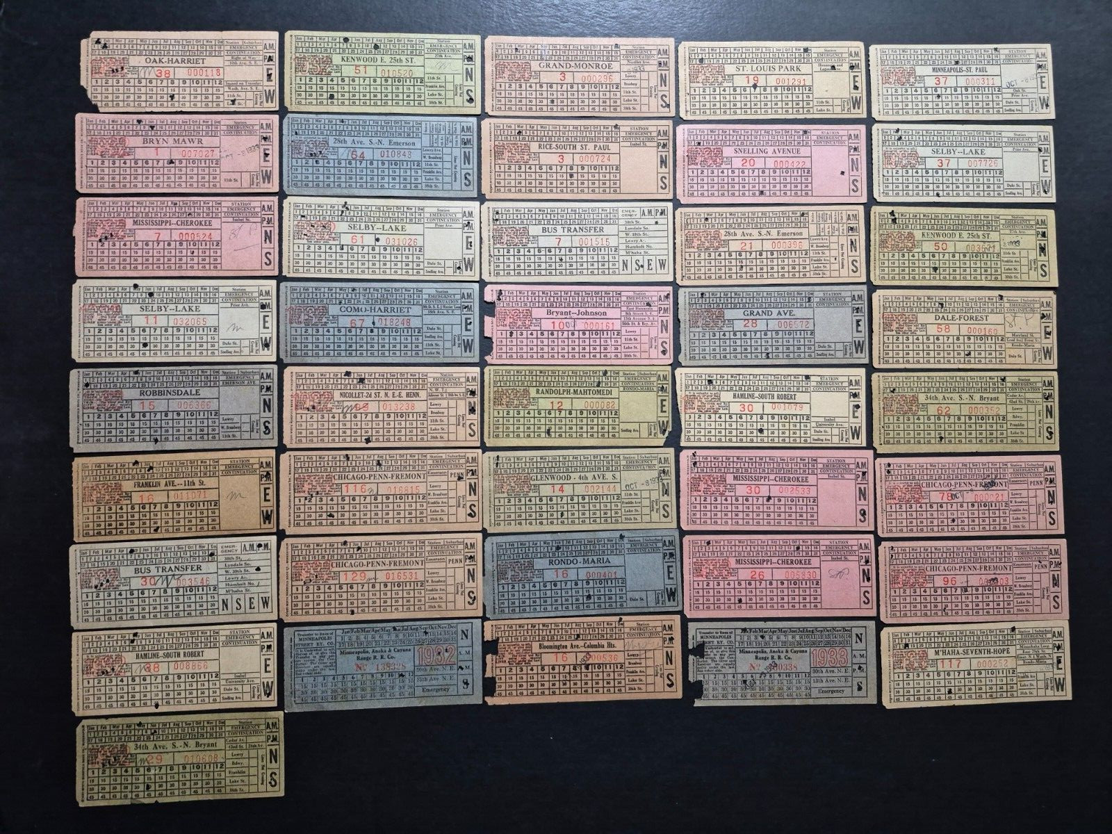 1931-1933 Lot of 41 Minneapolis & St Paul Streetcar Transfer Tickets