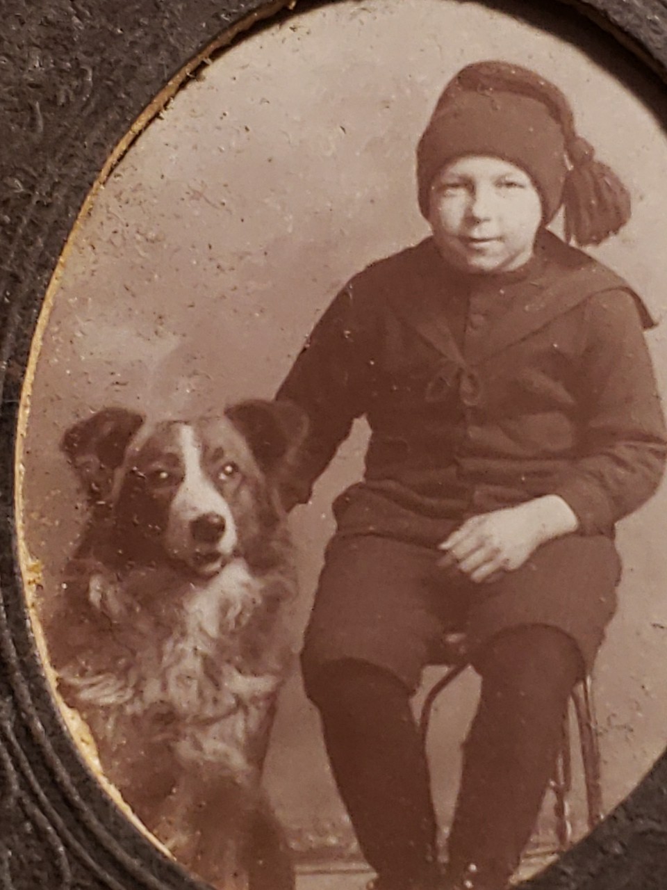 Antique 1900s Edwardian Photo Oval Mount Boy Stocking Cap Border Collie Dog