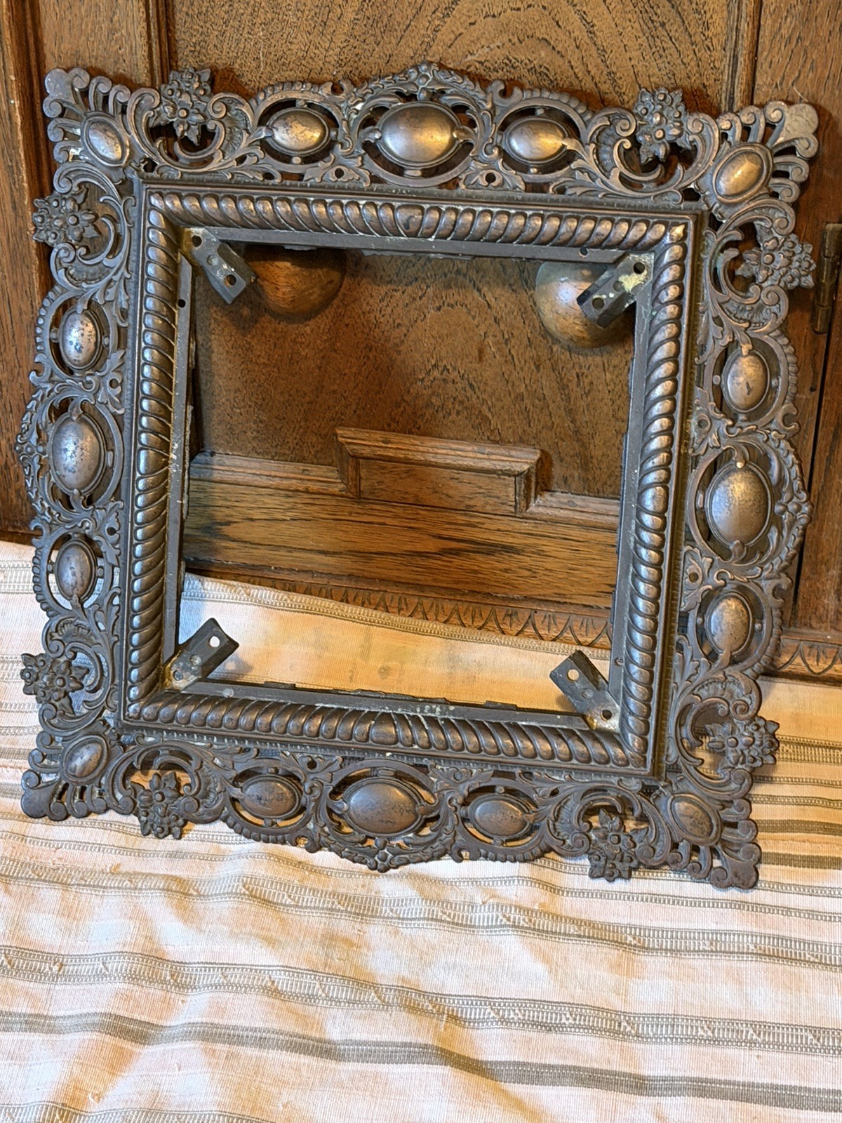 Antique Ornate Heavy Cast Iron Picture Frame With Raised Oval Cabochons 14 X 14