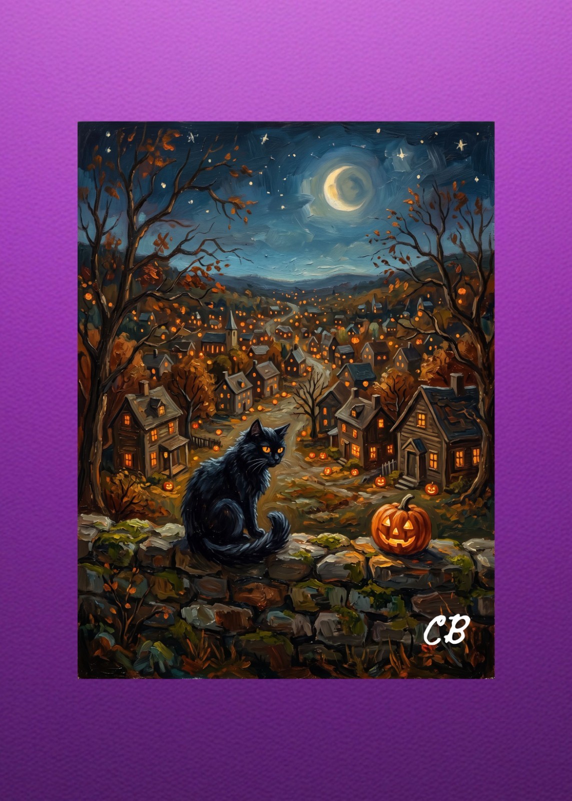 Halloween Hollow Black Cat ACEO Print Amber Eyes Village Folk Art Card