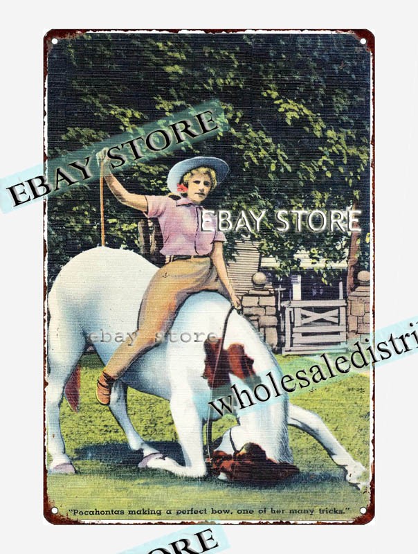 1930-45 Pocahontas making a perfect bow, her tricks. Virginia tin sign