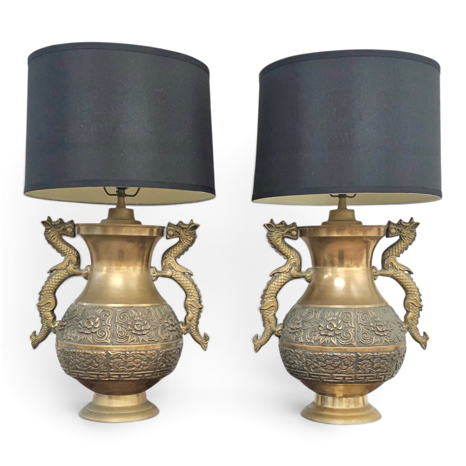 Pair Repoussé Brass Dragon Table Lamps James Mont Style Chinoiserie 20\