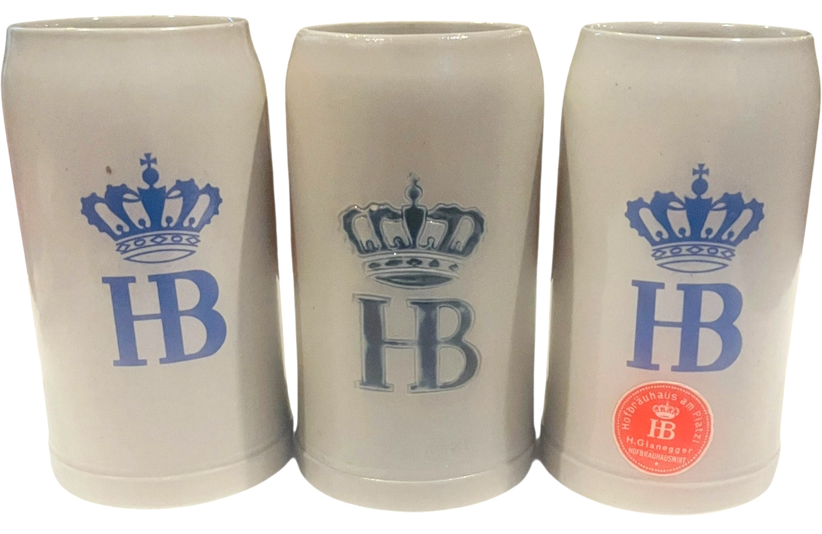 HB Hofbrauhaus German 1 Liter Stoneware Stein Mugs Tankard Crown Logo - LOT of 3