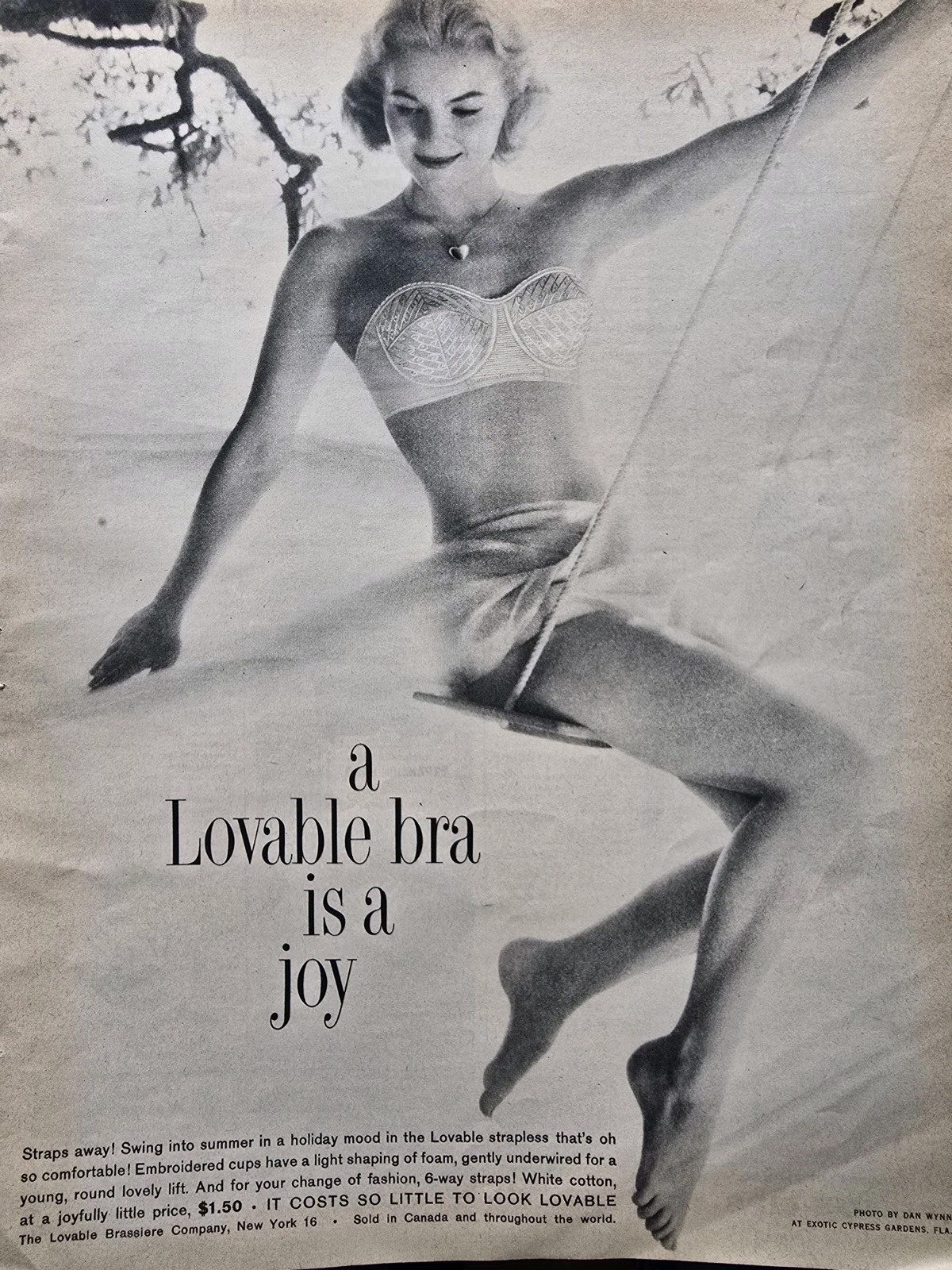 1958 Women's Lovable Strapless Bra Is A Joy Blonde on Swing Vintage Fashion Ad