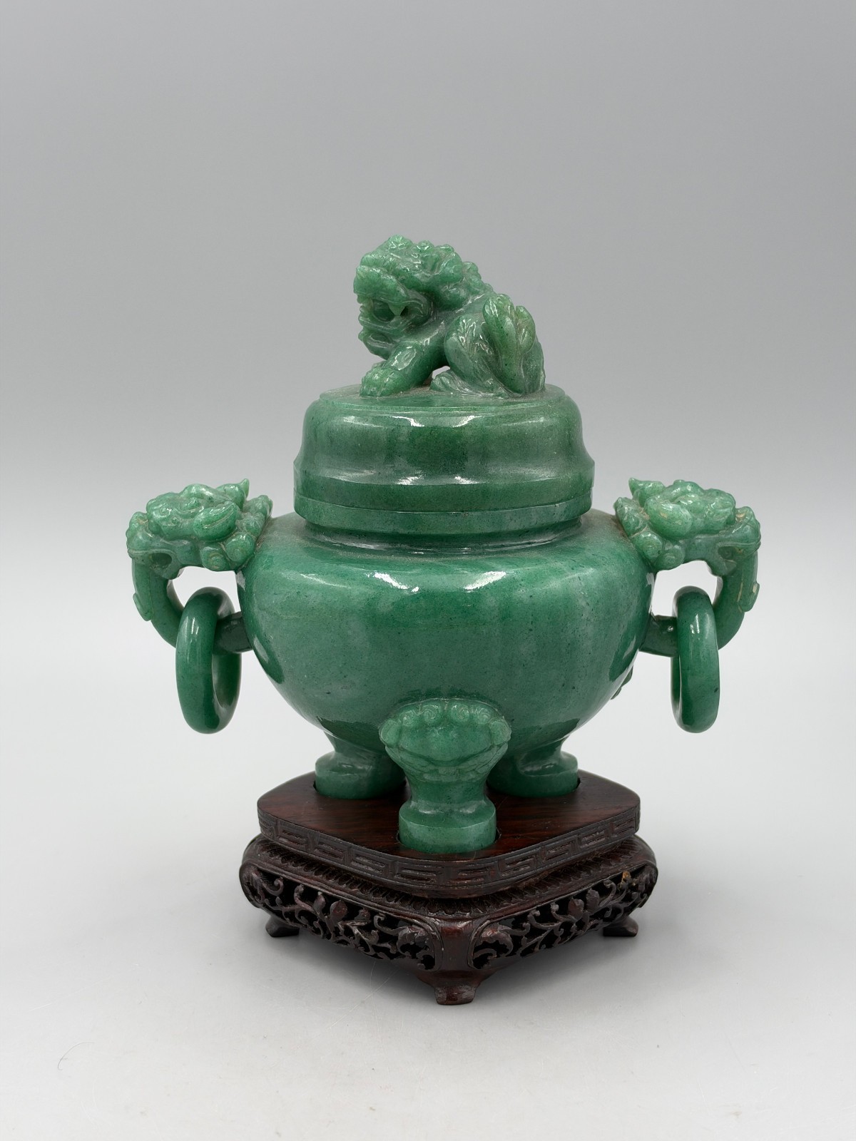 Vintage mid 20th c Chinese Green Aventurine Stone Carved Censer / Incense Burner