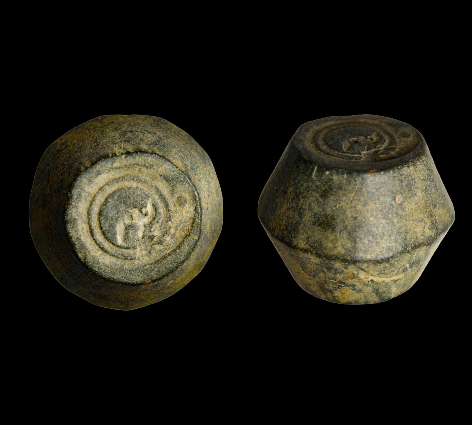 Early Islamic Bronze Commercial Weight with Engraved Peacock Authentic Antiquity