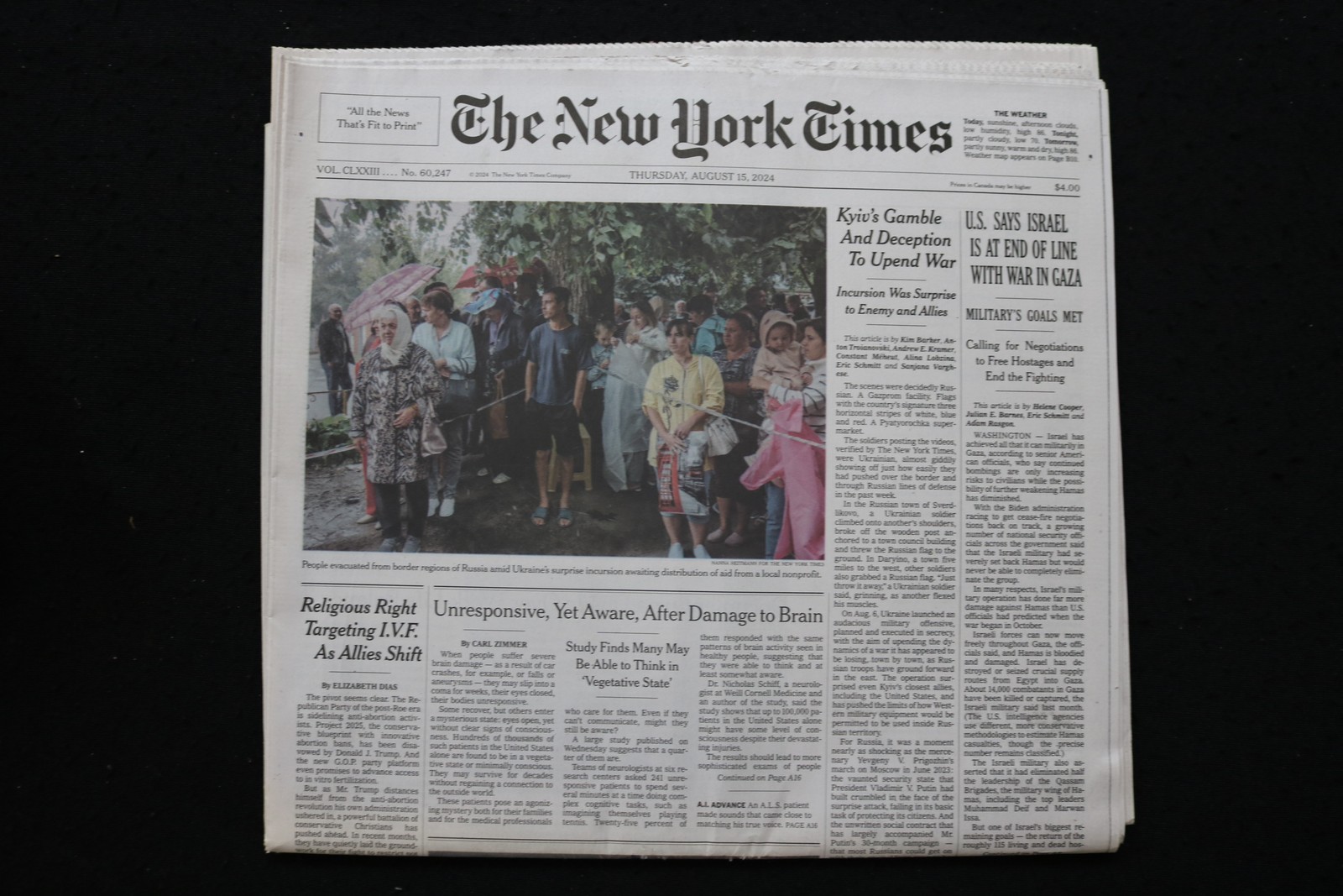 2024 AUGUST 15 NEW YORK TIMES - U.S. SAYS ISRAEL IS AT END OF LINE WITH GAZA WAR