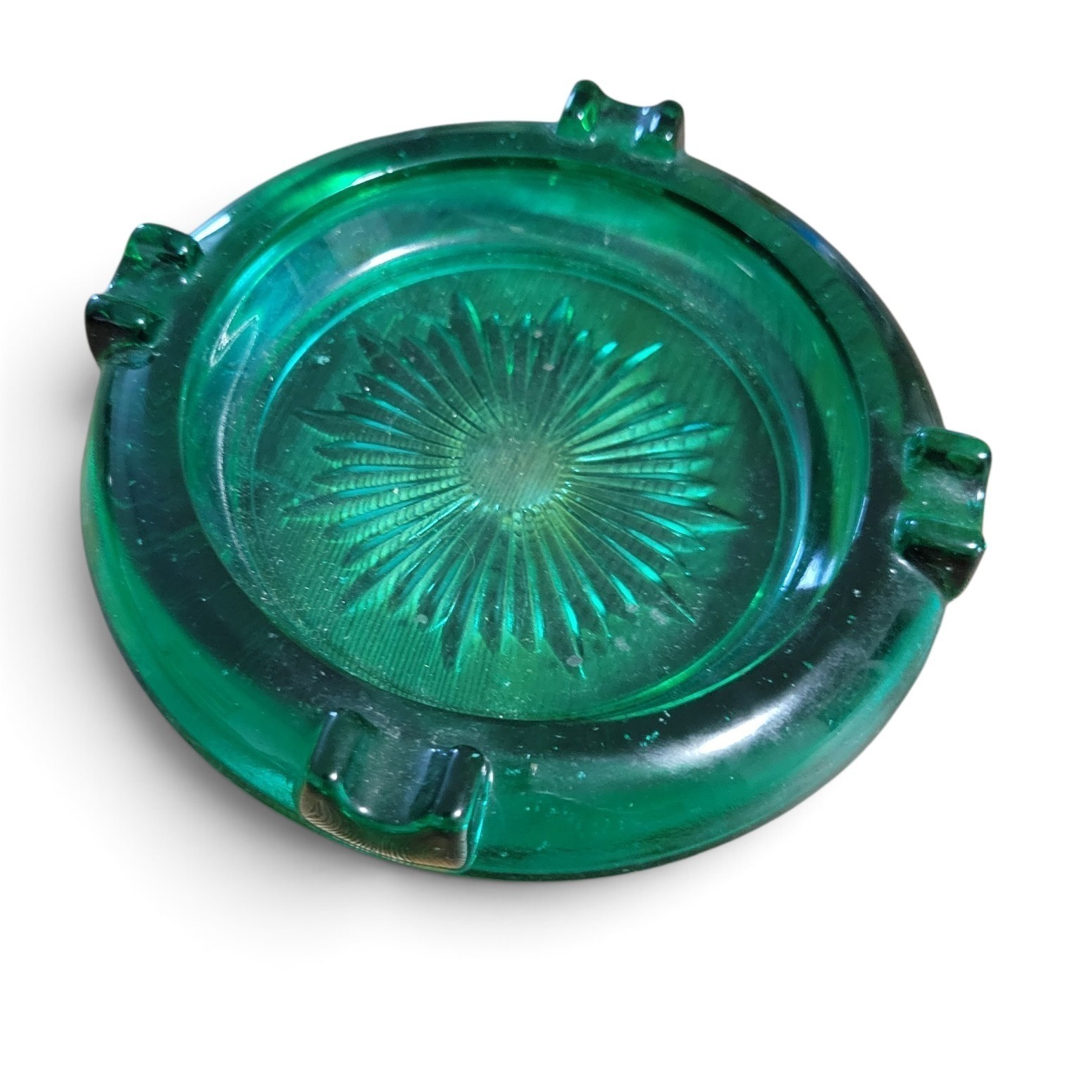 Vintage MCM Emerald Green Glass Ashtray Round Starburst 4.75 Inch Retro Decor