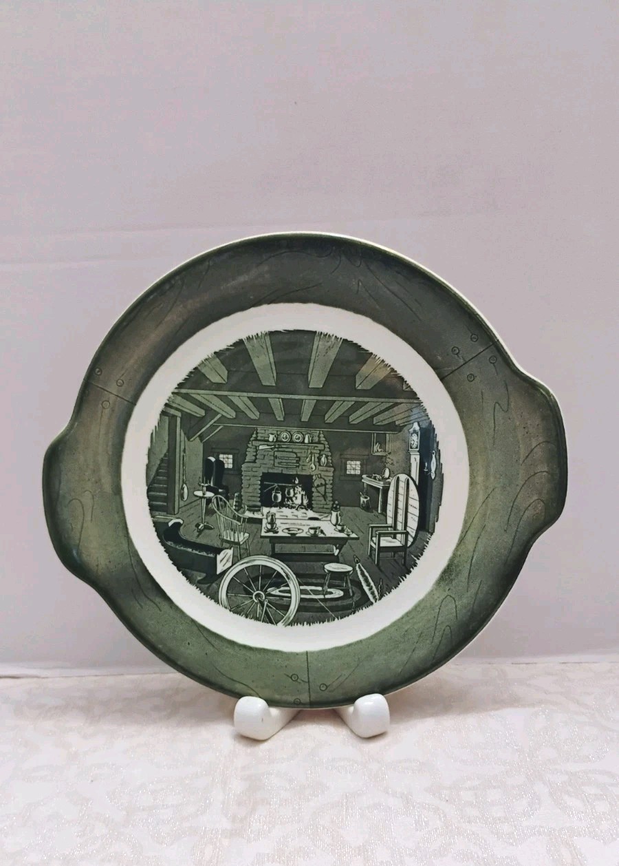 Vintage Royal China Colonial Homestead Green Handled Cake Plate, READ