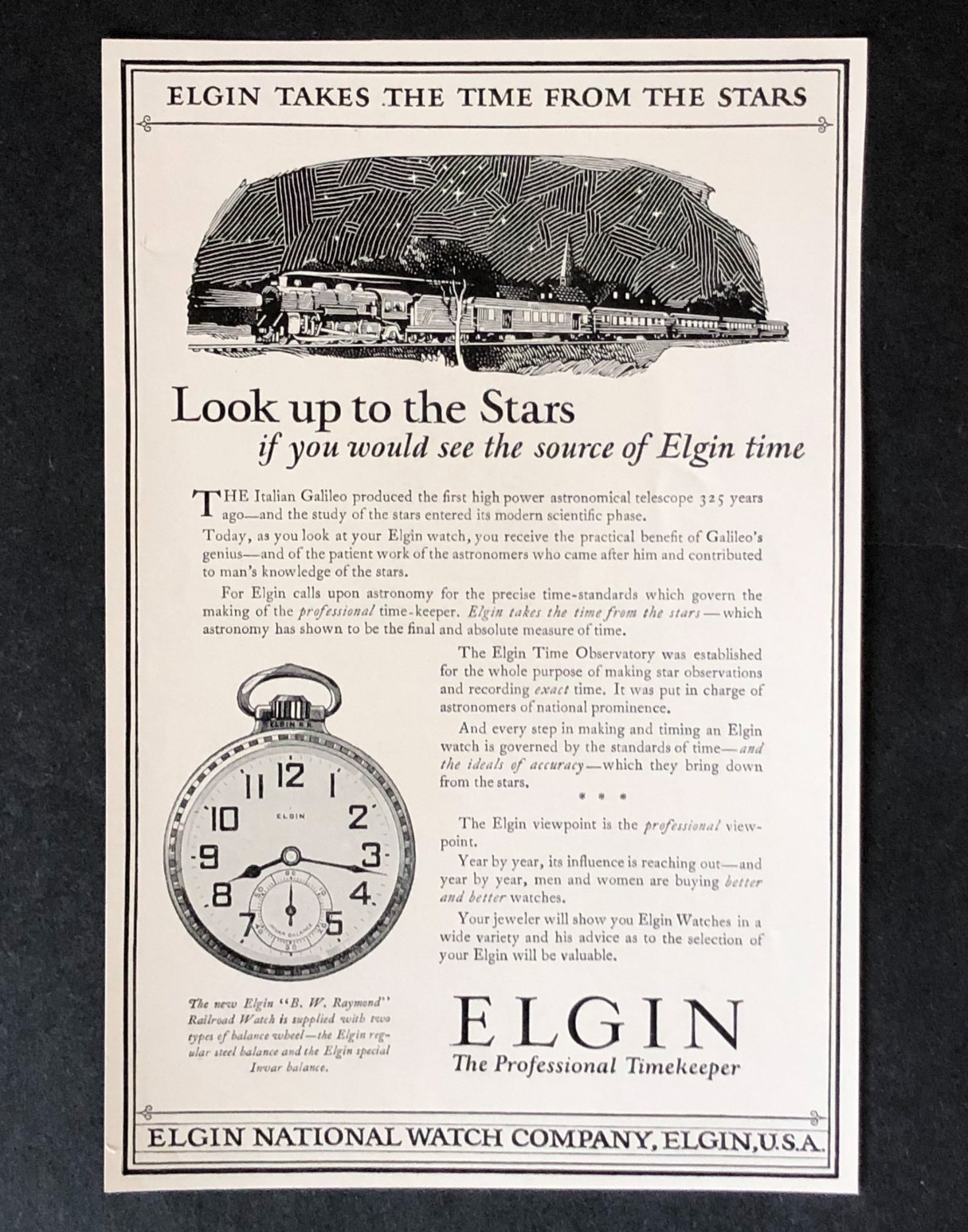 1925 Elgin Advertisement Railroad Pocket Watch Astronomy  Stars Antique Print AD