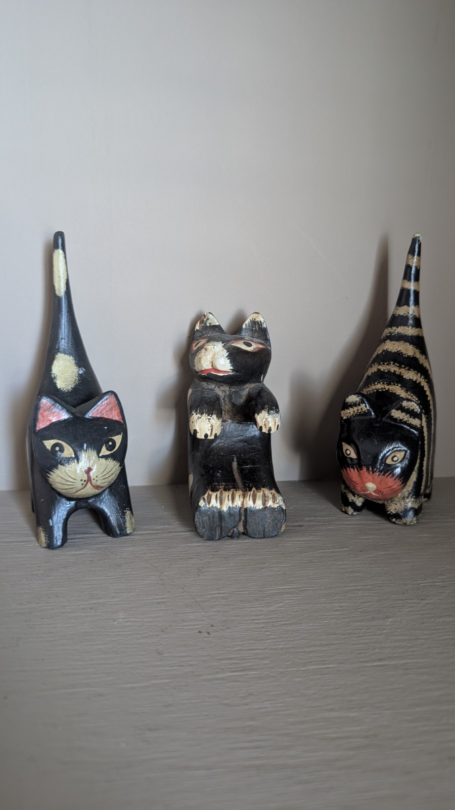 Vintage Hand Carved Wooden Cat Figurines Lot of 3 Whimsical Folk Art Halloween