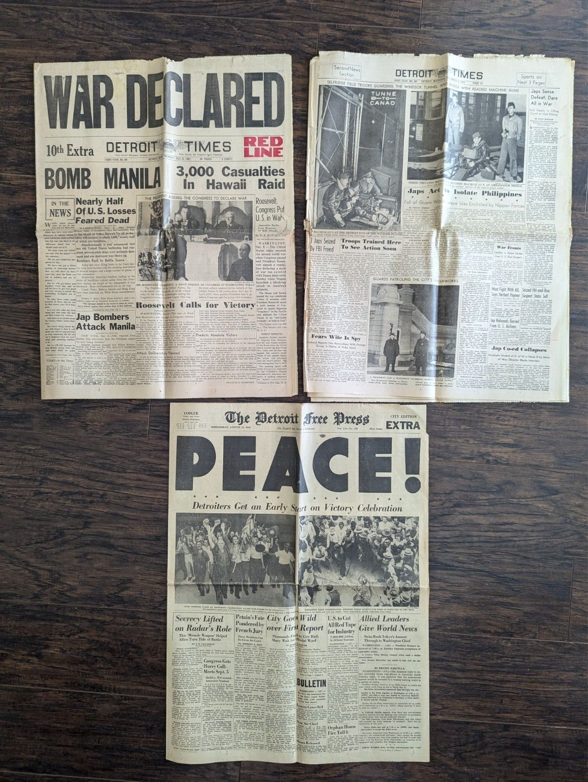 Detroit World War II Newspapers: Dec. 8, 1941 WAR DECLARED; Aug. 15, 1945 PEACE Detroit World War II Newspapers: Dec. 8, 1941 WAR DECLARED; Aug. 15, 1945 PEACE