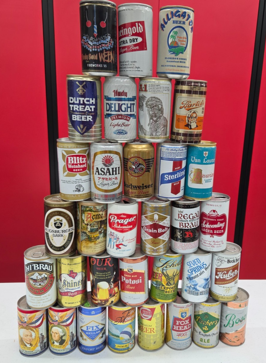 33 vintage beer cans mostly pull tabs some bottom opened  21 of 33 steel crimps