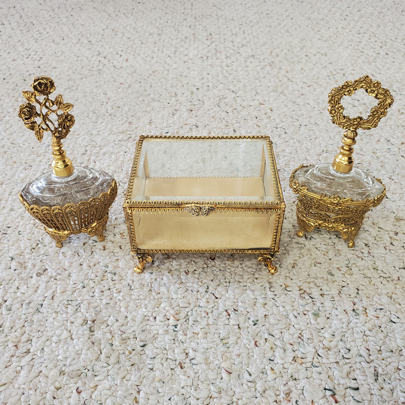 VTG Globe 24kt Gold Plated Vanity Set Jewelry Casket Box & Perfume Bottles