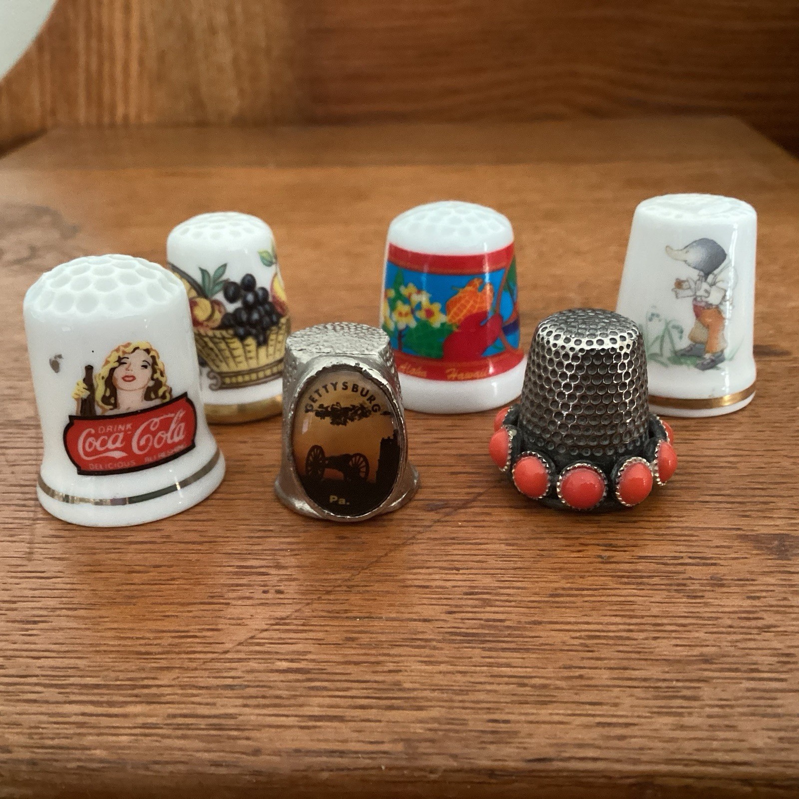 Vintage thimbles Mixed lot Of 6 Silver Tone Ceramic England Coca Cola