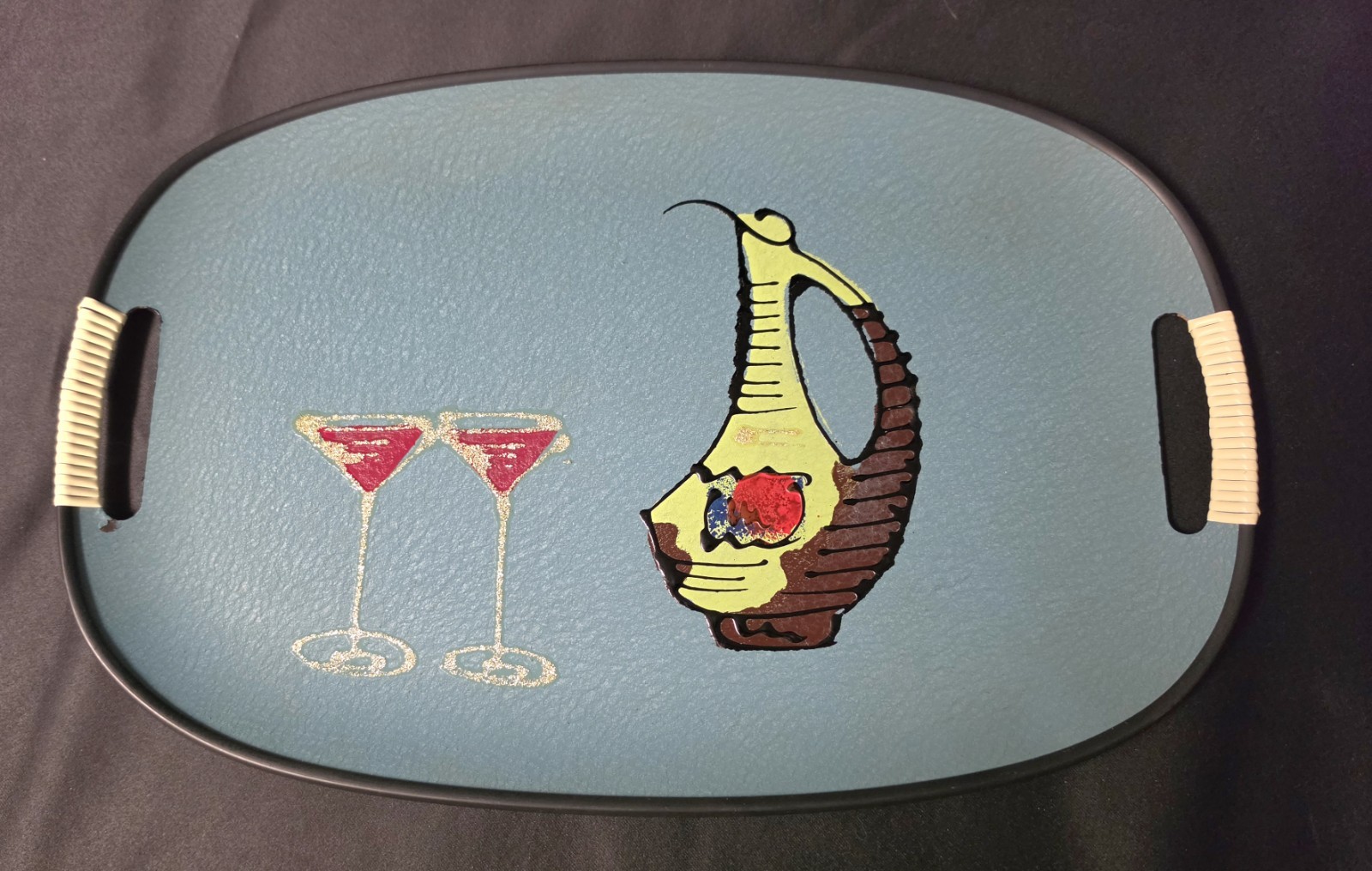 Vintage Tilso Japan Serving Tray Teal MCM Wine Cocktail Motif Circa 1960's Vintage Tilso Japan Serving Tray Teal MCM Wine Cocktail Motif Circa 1960's