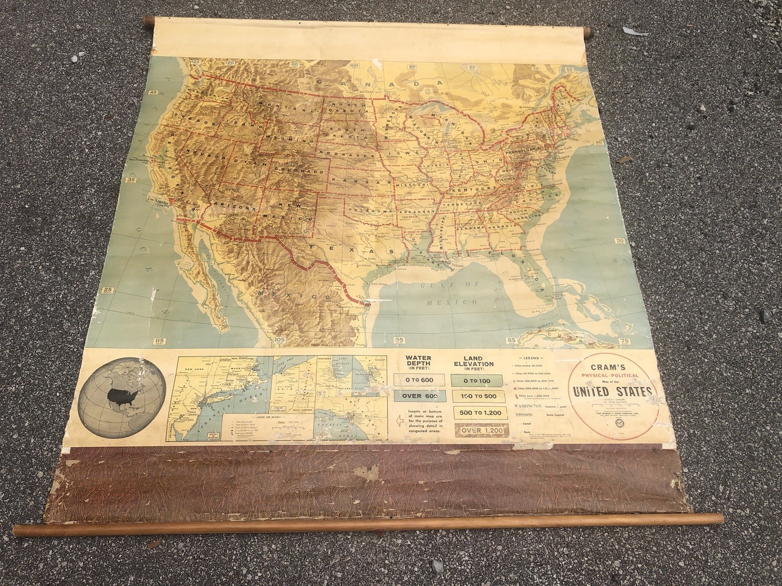 CRAMS Physical Political Map United States Usa Paper Scroll 57 X 50” Vintage