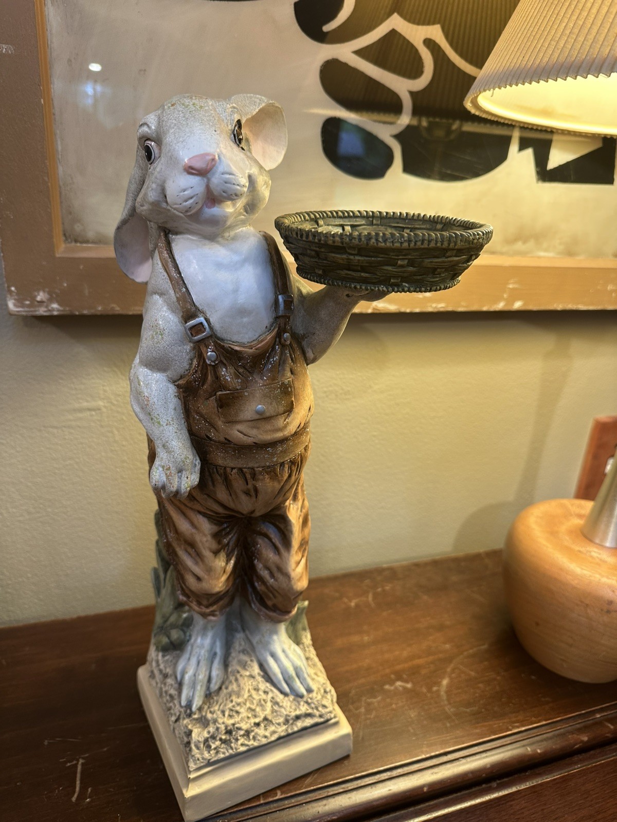 VTG 90\'s RAZ Imports Resin Bunny Butler Overalls Holding Tray Sculpture 17\ VTG 90\'s RAZ Imports Resin Bunny Butler Overalls Holding Tray Sculpture 17\
