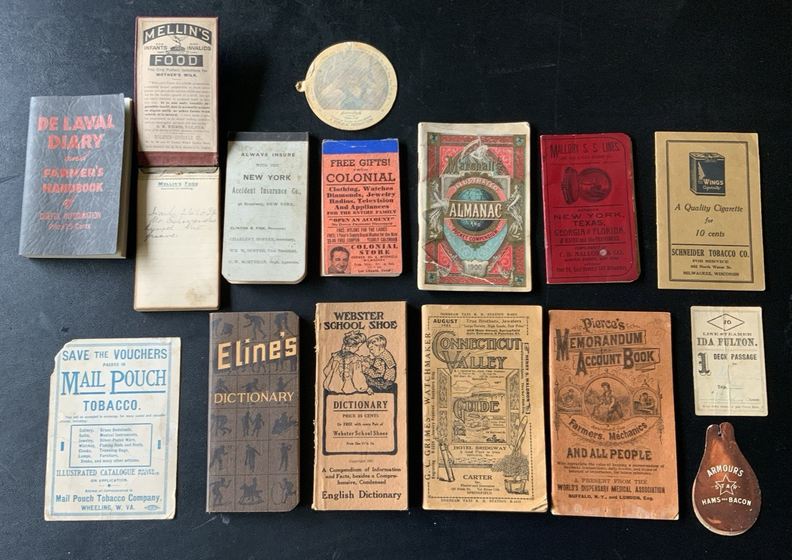 Antique 1800's-1920 Ephemera Advertising Lot -Almanac, Diaries, Deck Passage, &