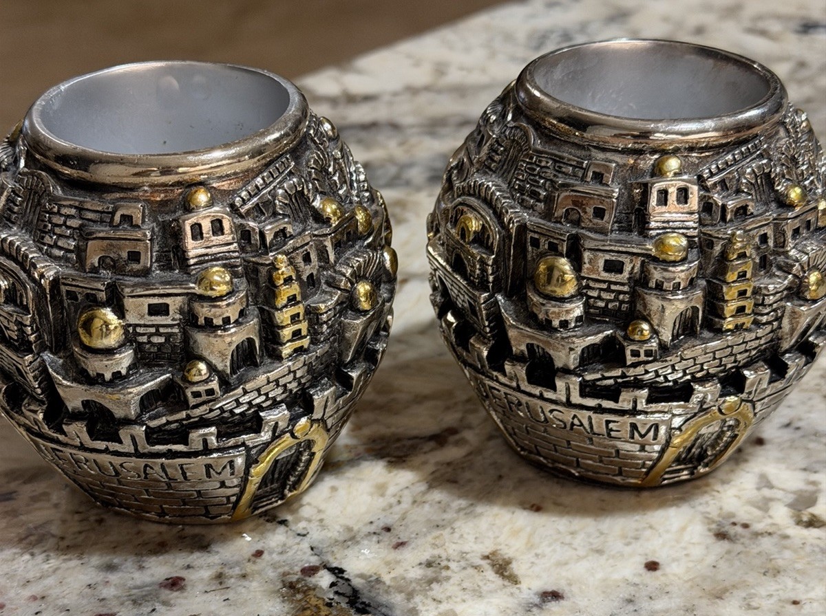 2 Vintage 925 Sterling Silver Jerusalem Cityscape Candlestick Holders Passover