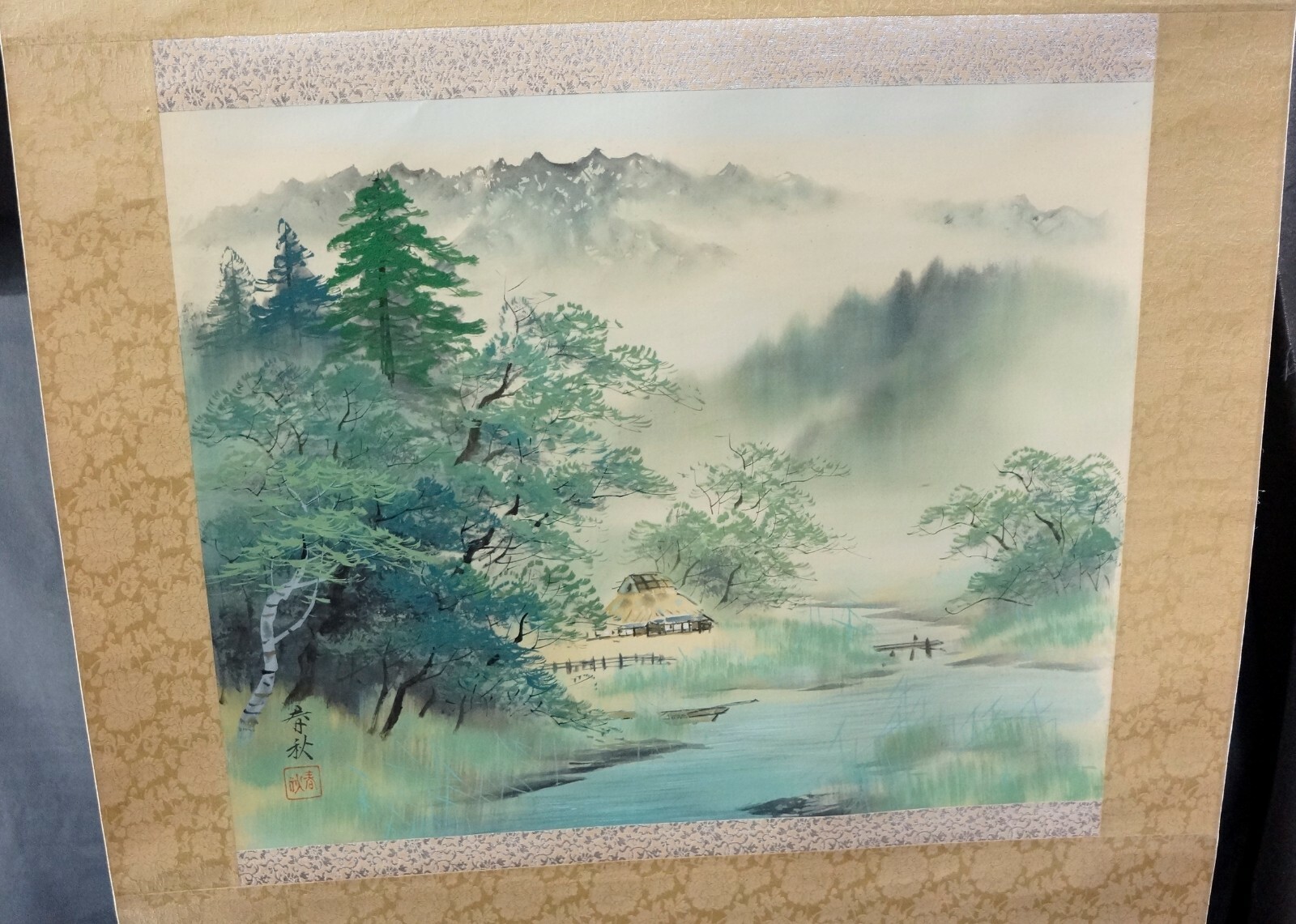 Beautiful HANGING SCROLL PAINTING SILK & PAPER Brocade Trim ~ Signed/Seal Stamp
