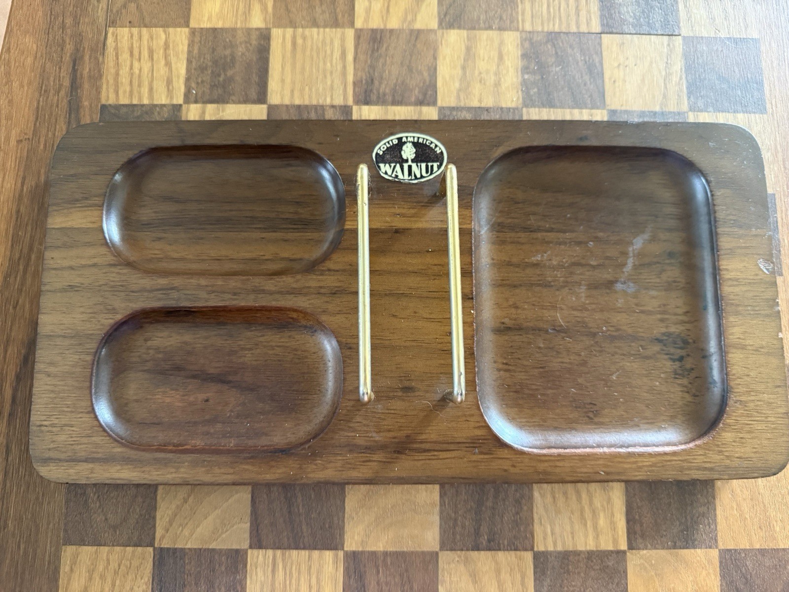 Vintage Mid-century Modern Walnut Wood Brass Dresser Valet Tray Organizer MCM