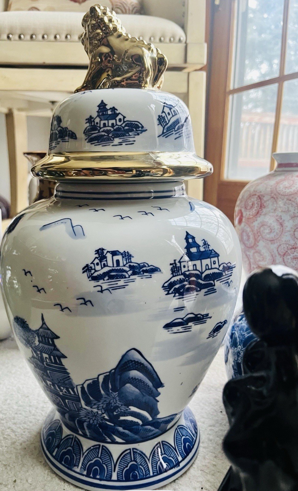 Chinoiserie Hand-Painted Fancy Ginger Jar Beijing With Metallic Gold-Foo Dog 