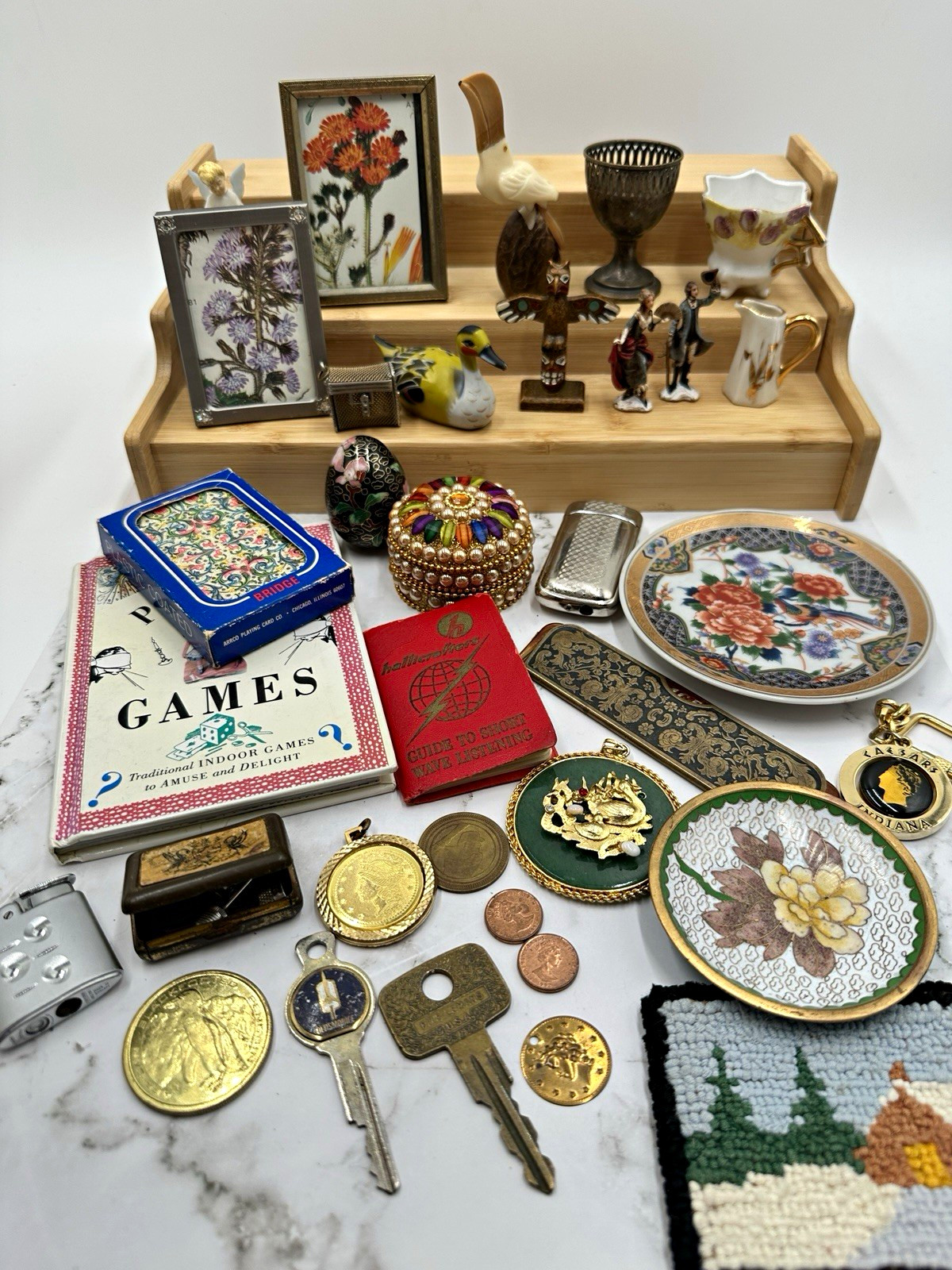 Vintage Junk Drawer Lot Estate Finds Miniatures Trinkets Keys Coins Curios Mixed