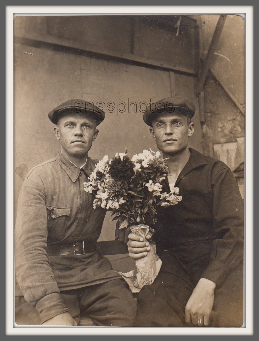 1930s Friends Caps Flowers Handsome men affectionate couple antique arcade photo
