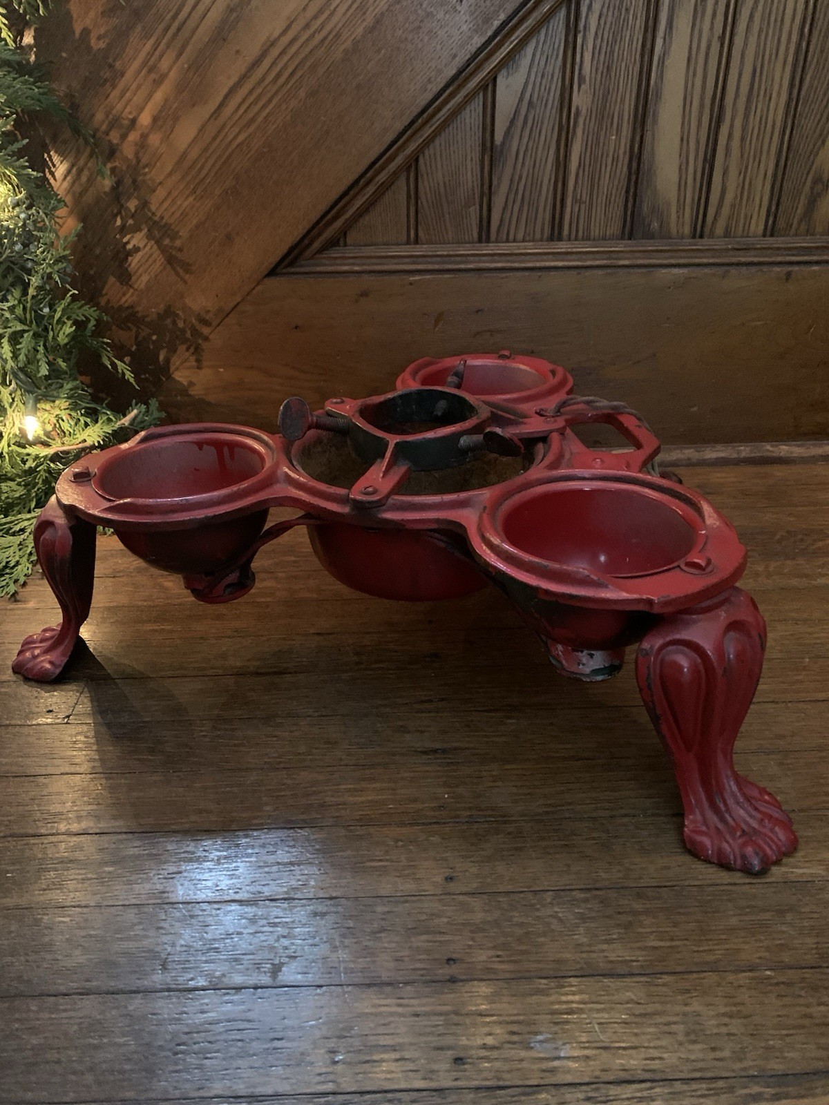 Antique Cast Iron Paw Foot Lighted Christmas Tree Stand Genesee Electric RED Antique Cast Iron Paw Foot Lighted Christmas Tree Stand Genesee Electric RED