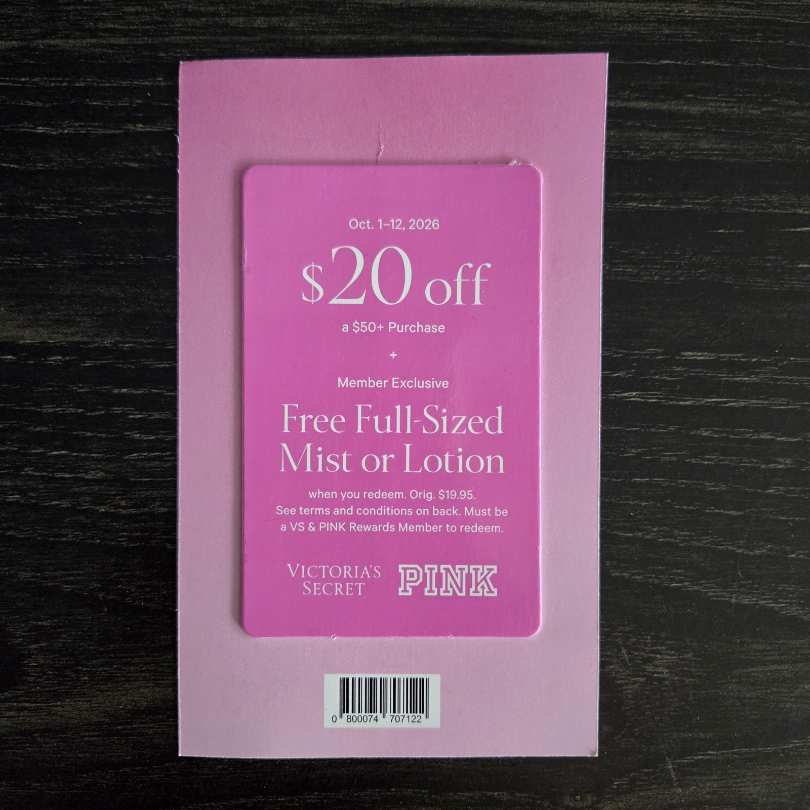 Victoria's Secret PINK Bonus Card $20 off $50 & Mist/Lotion Coupons 10/1 -12