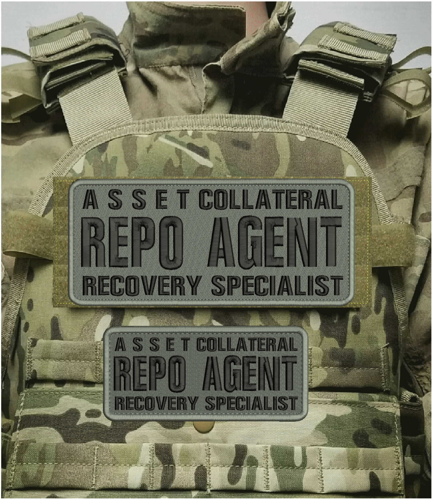 ASSET C REPO AGENT R S EMB PATCH 4X10 & 3X7 HOOK ON BACK black on gray