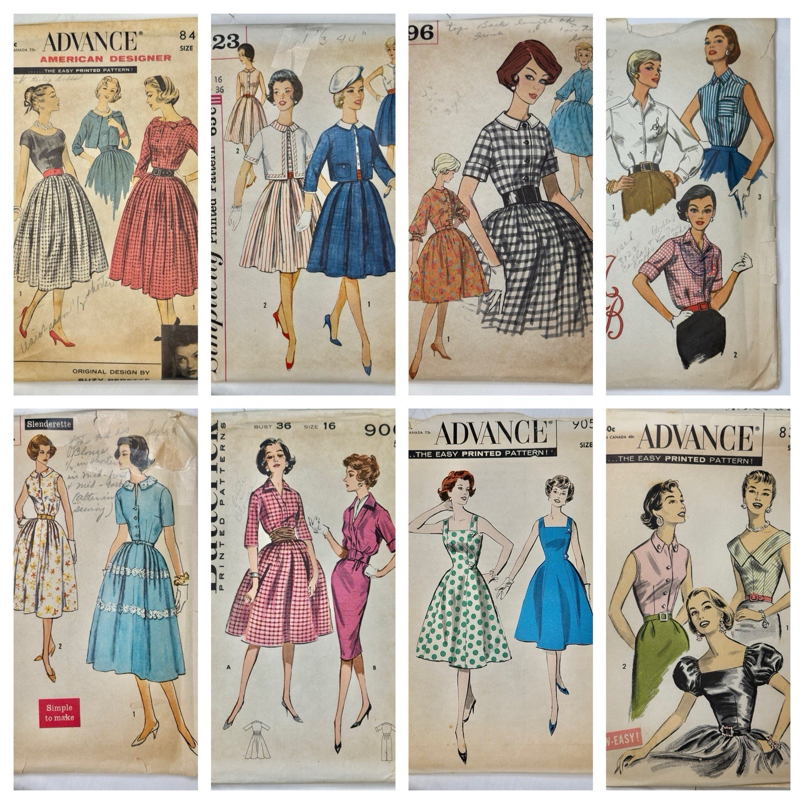 Vintage Lot/8 c1940s Sewing Patterns Advance Used/Cut Bust 36 AS-IS Vtg Size 16