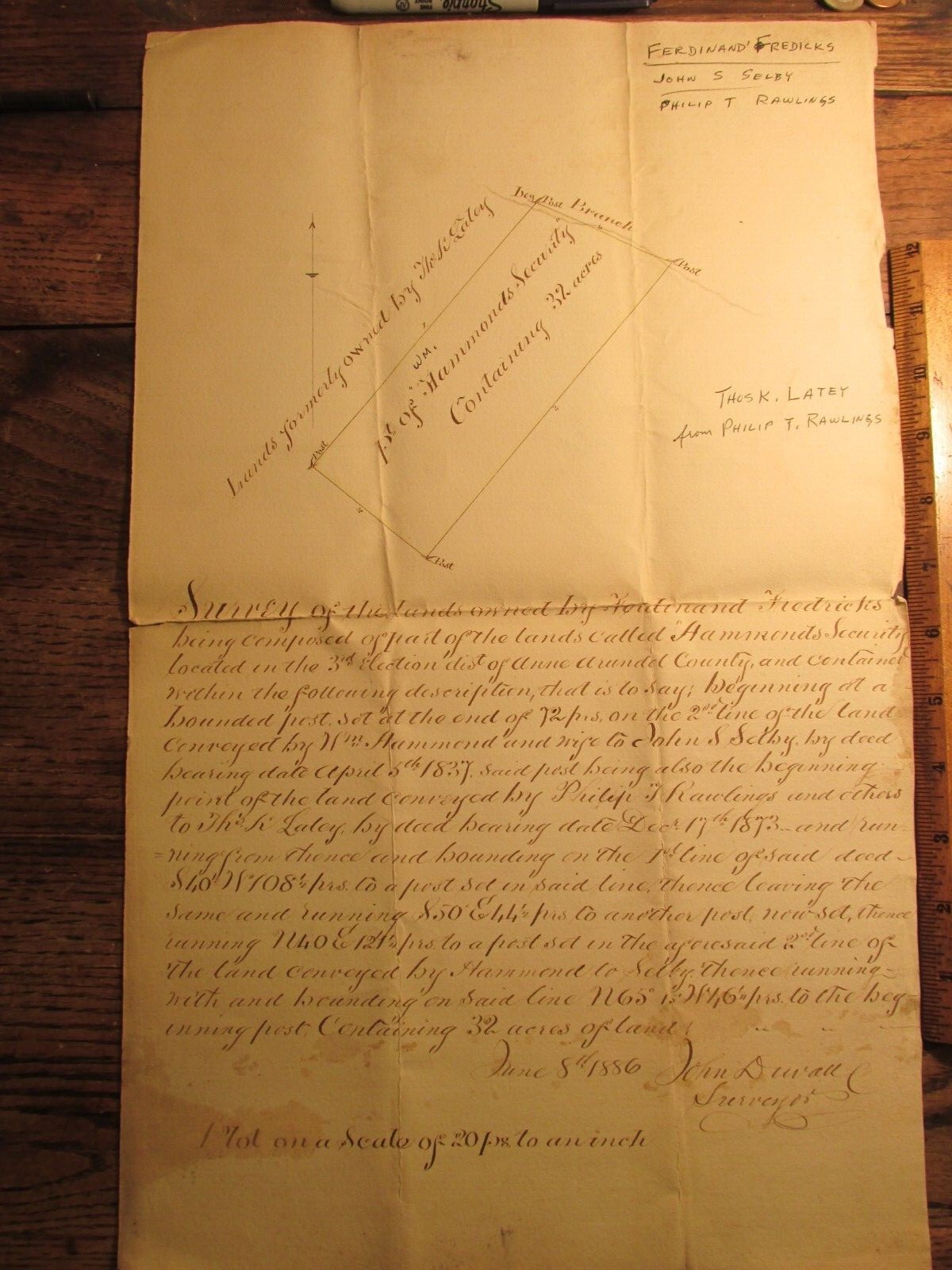 Antique Ephemera 1886 Maryland Land Survey Document w/ Map FERDINAND FREDRICKS