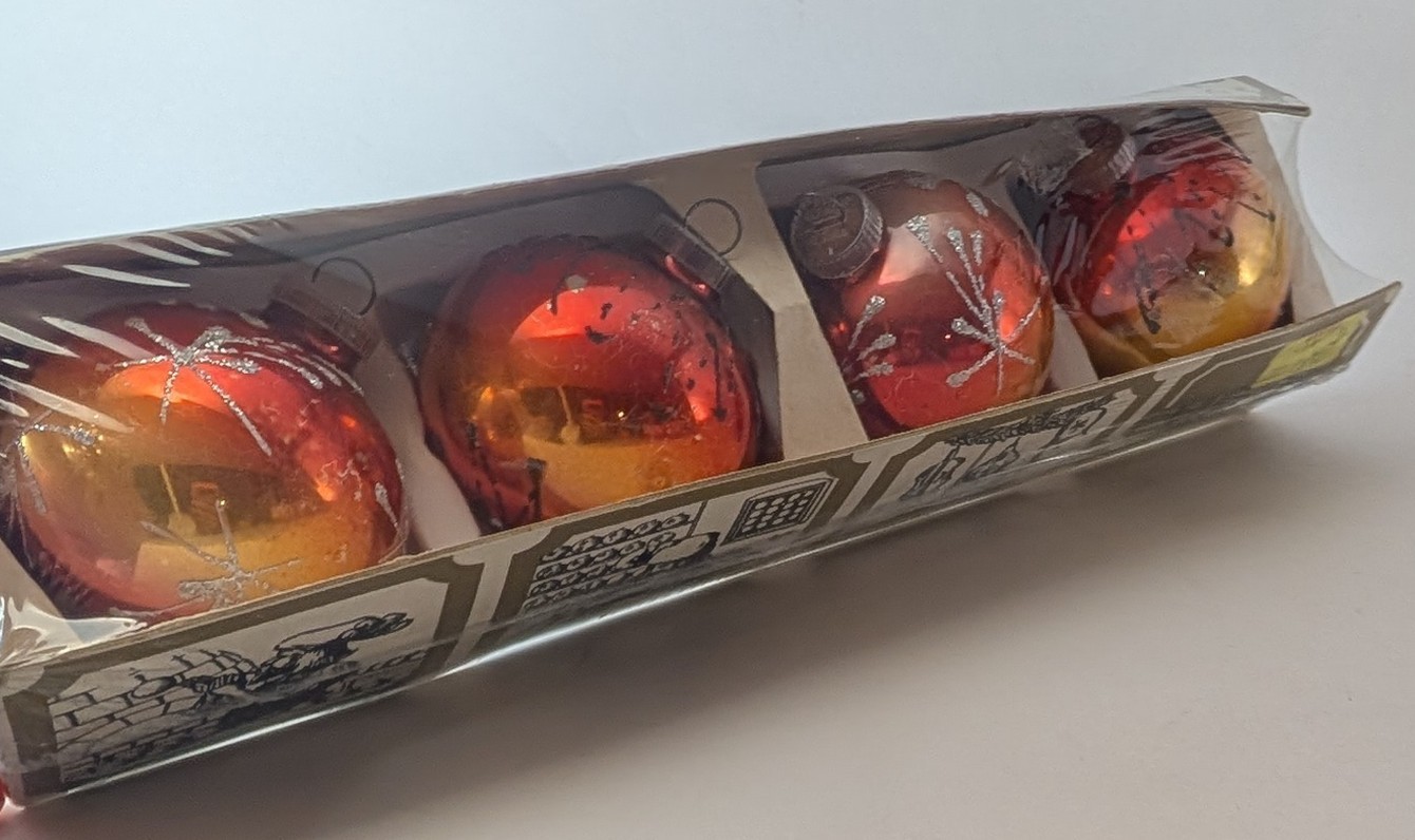 Lanissa West Germany Atomic Christmas Ornaments Boxed Sunset Mica Starburst MCM