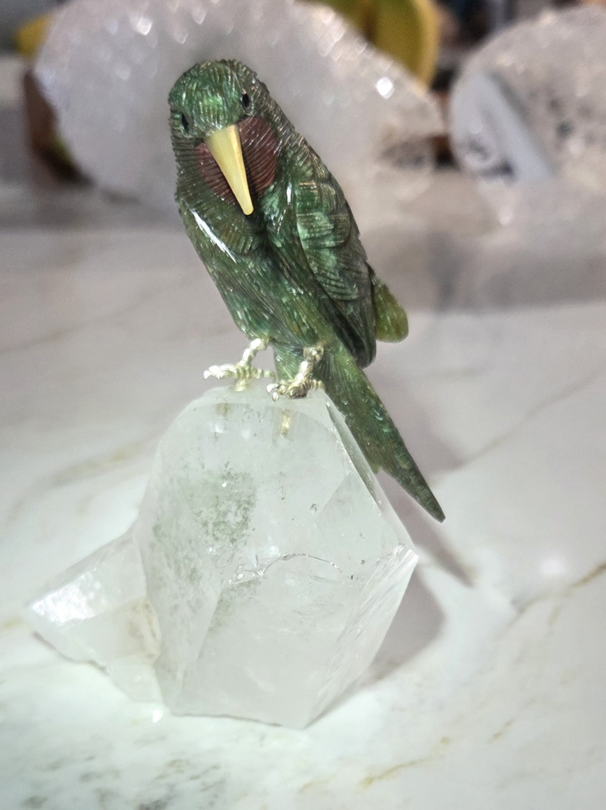 Peter Müller Carved Gemstone Hummingbird on Tourmalinated Quartz Crystal 4.5\