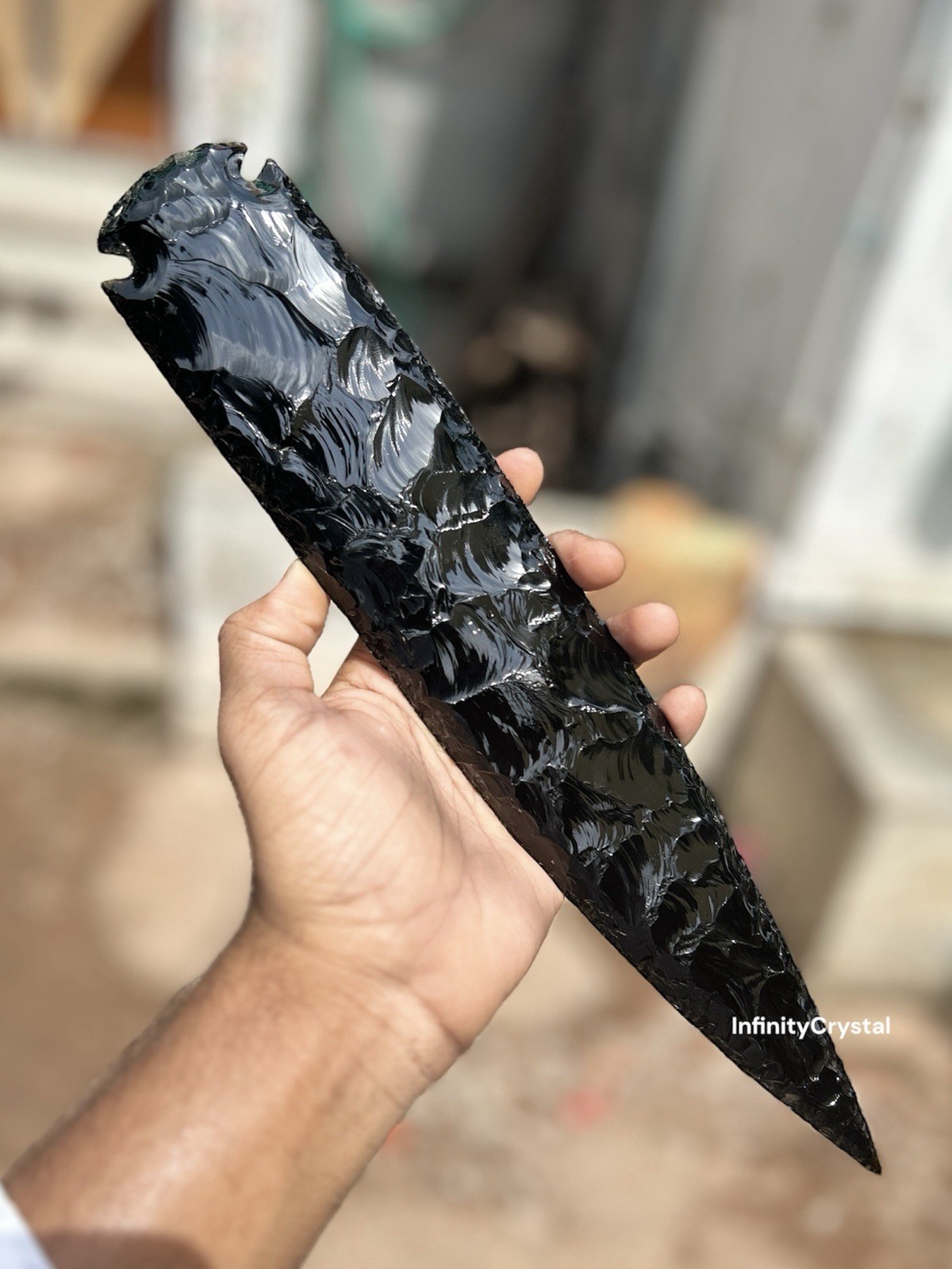 14” Large Black Obsidian Arrowhead Spearhead Blade – Handcrafted Volcanic Glass.