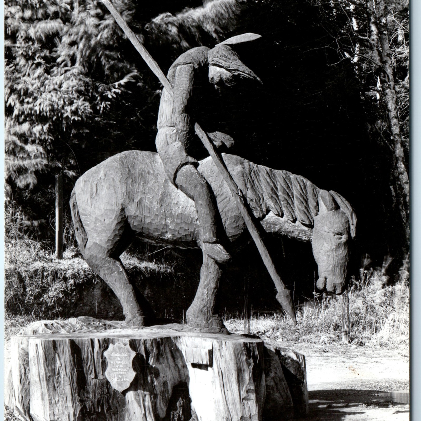 c1940s Klamath, CA End of the Trail RPPC Carved Redwood Trees of Mystery Park PC