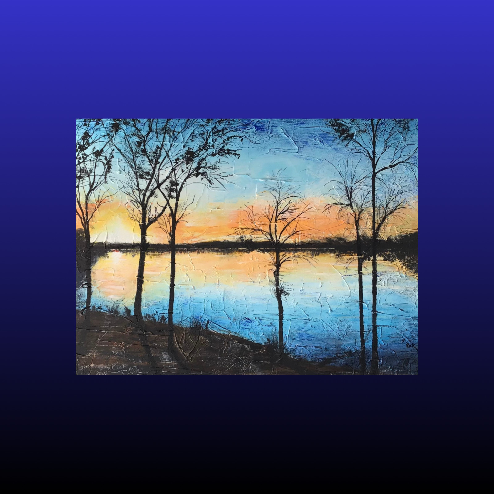ACEO ATC Print of My Original Acrylic Painting, Beautiful Sunset Lake Side View