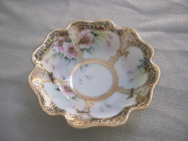 Ornate Vintage Hand Painted Nippon Heavy Gold Trim, Azalea? Rose? Ruffled Bowl