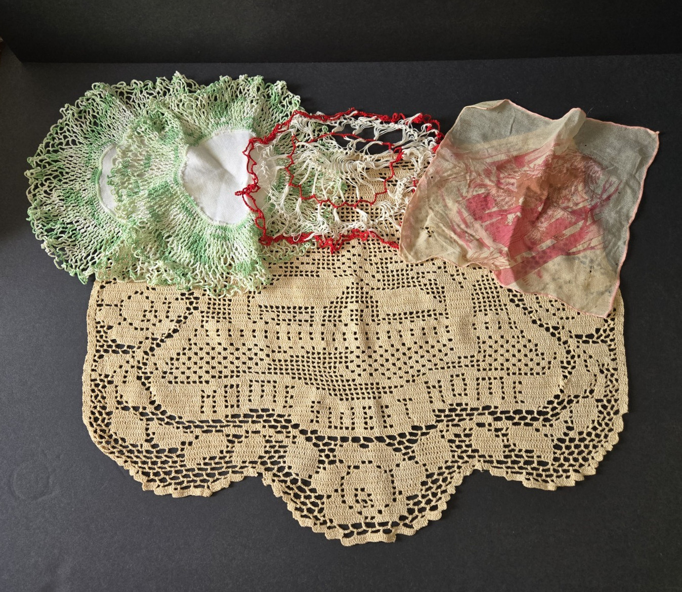 Vtg Crochet Home Sweet Home Antimacassar Red Riding Hood Hanky Tenerife Doily