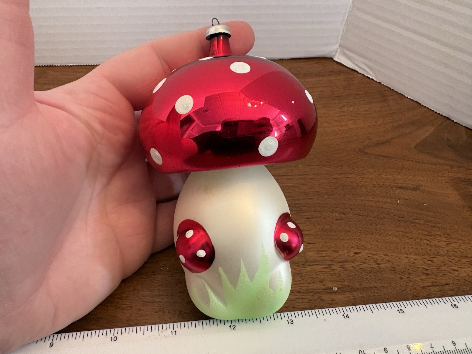 Italian Jumbo Vintage Glass Mushroom W Painted Mushroom Christmas Ornament 6” Italian Jumbo Vintage Glass Mushroom W Painted Mushroom Christmas Ornament 6”