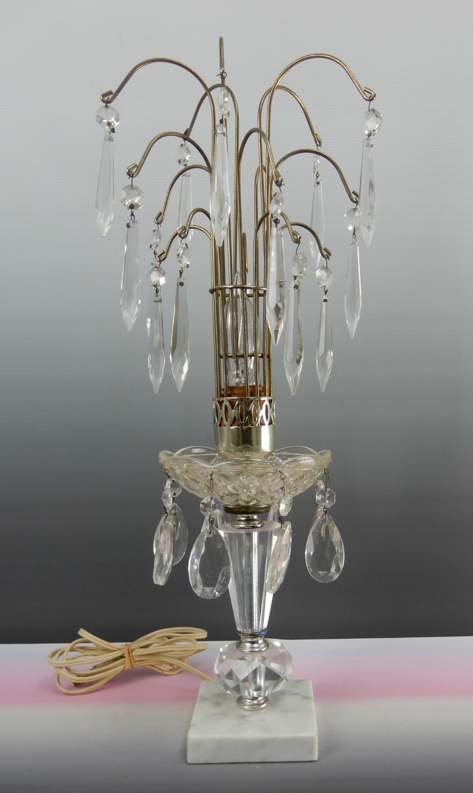 Vtge Hollywood Regency Crystal Prism Waterfall Accent Table Lamp w/Marbel Base