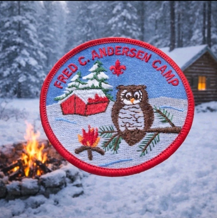 VTG Fred C. Andersen Camp BSA Patch Winter Scene Owl Tent Fleur-de-Lis 3x3 MN