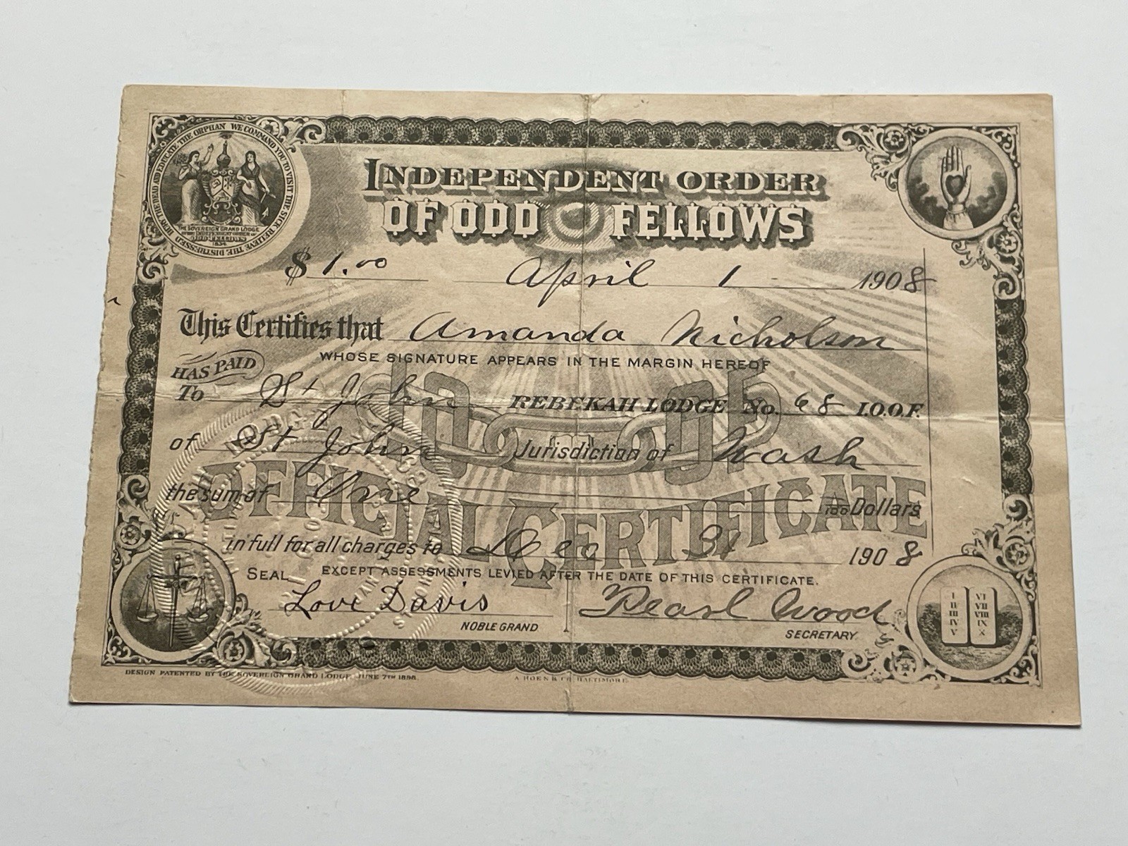 INDEPENDENT ORDER of ODD FELLOWS CERTIFICATE dues paid 1908
